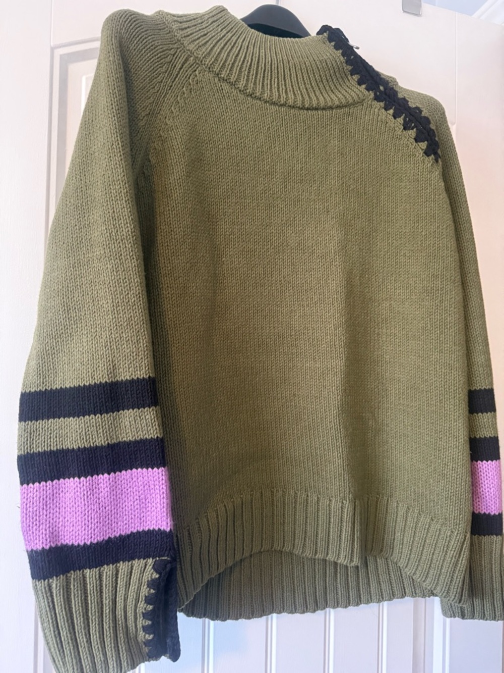 Lisa Todd Olive Green Knit Sweater with Black and Pink Sleeve Stripes